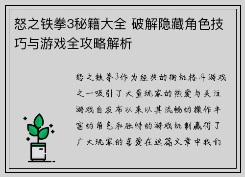 怒之铁拳3秘籍大全 破解隐藏角色技巧与游戏全攻略解析