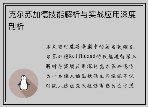 克尔苏加德技能解析与实战应用深度剖析